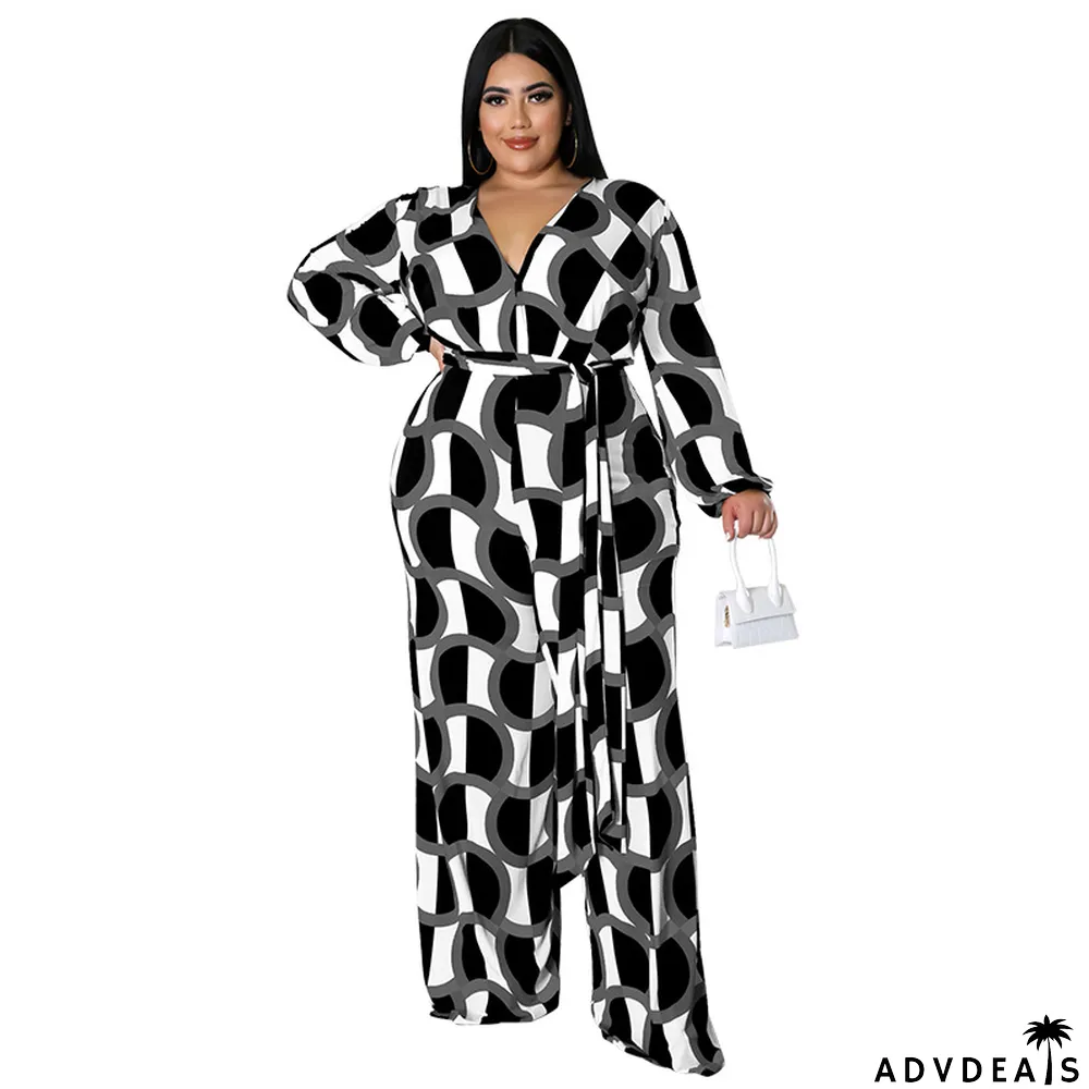 New Fashion Plus Size Women's Fall Long Sleeve Print Casual Wide Leg Jumpsuit