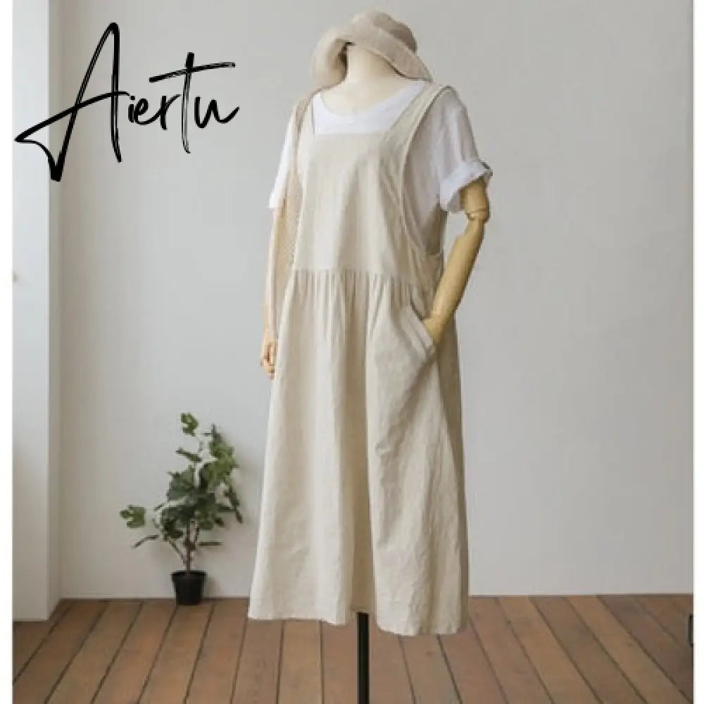 Aiertu  New Summer Dress Ladies Dress Plus Size XL- 5XL Cotton Linen Women Tank Vestidos Sleeveless Robe Dress Pockets Clothes KE02 Aiertu