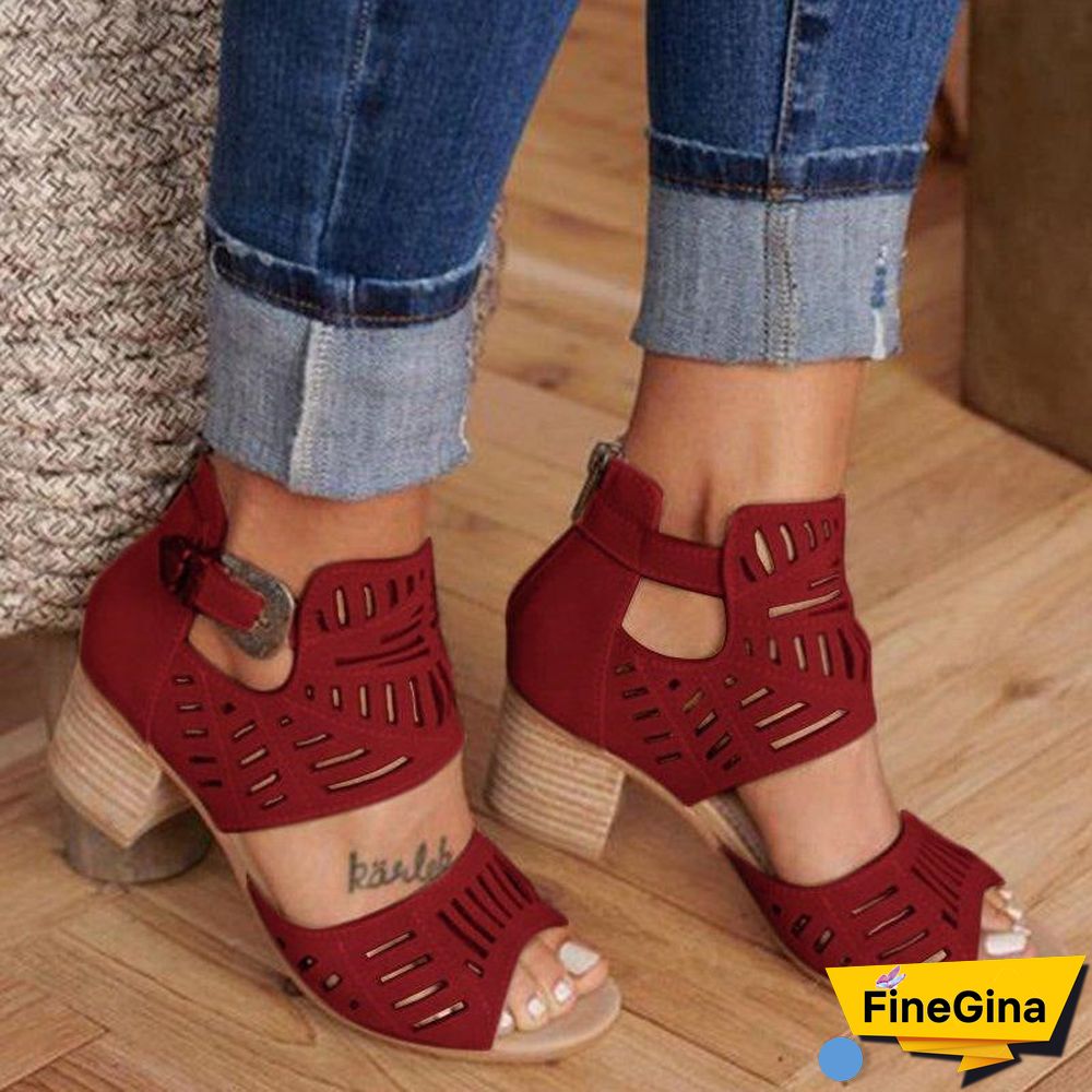 Women's Solid Color Hollow Chunky Heel High Heel Sandals