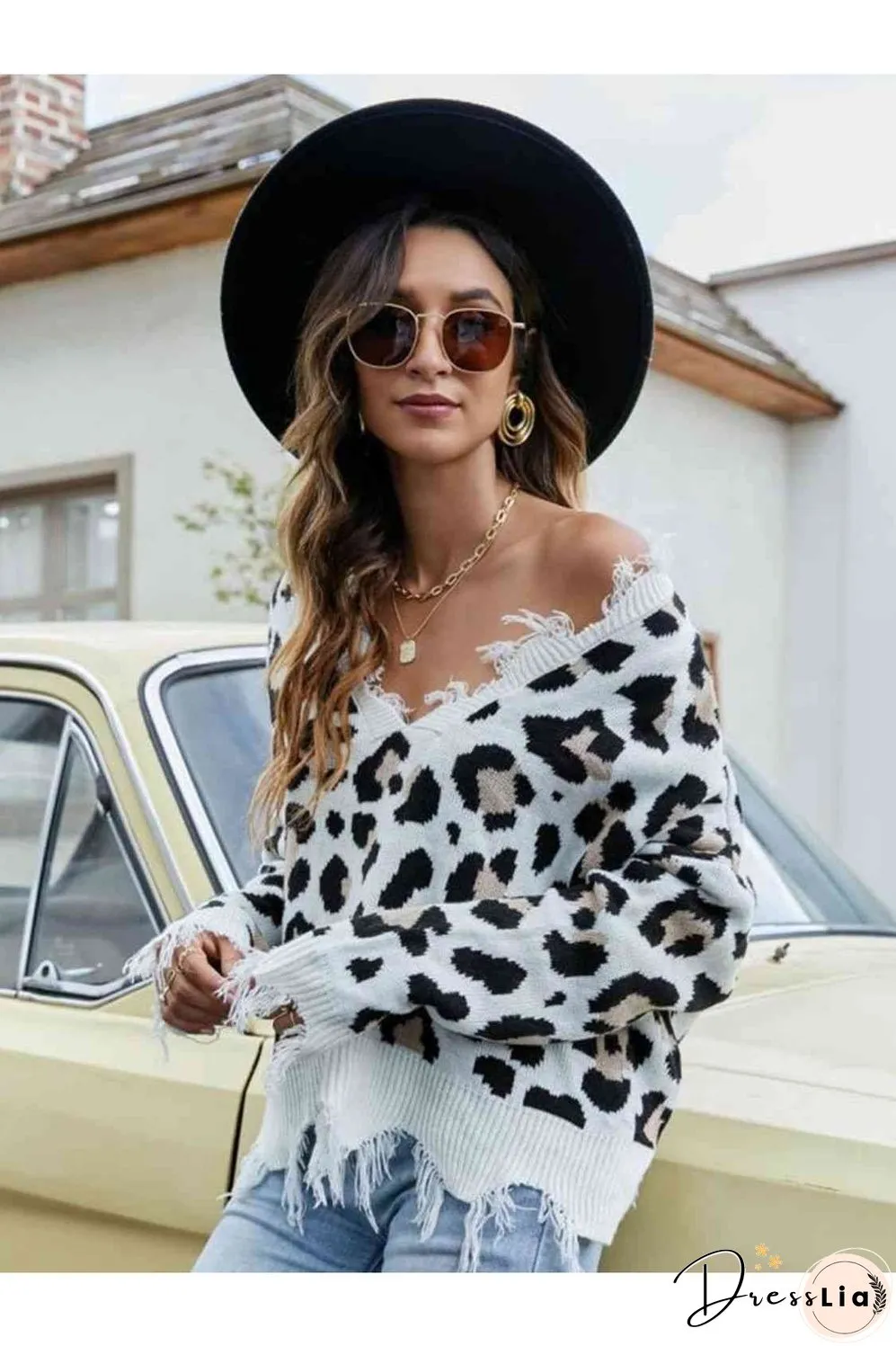Animal Print Distressed V-Neck Drop Shoulder Sweater