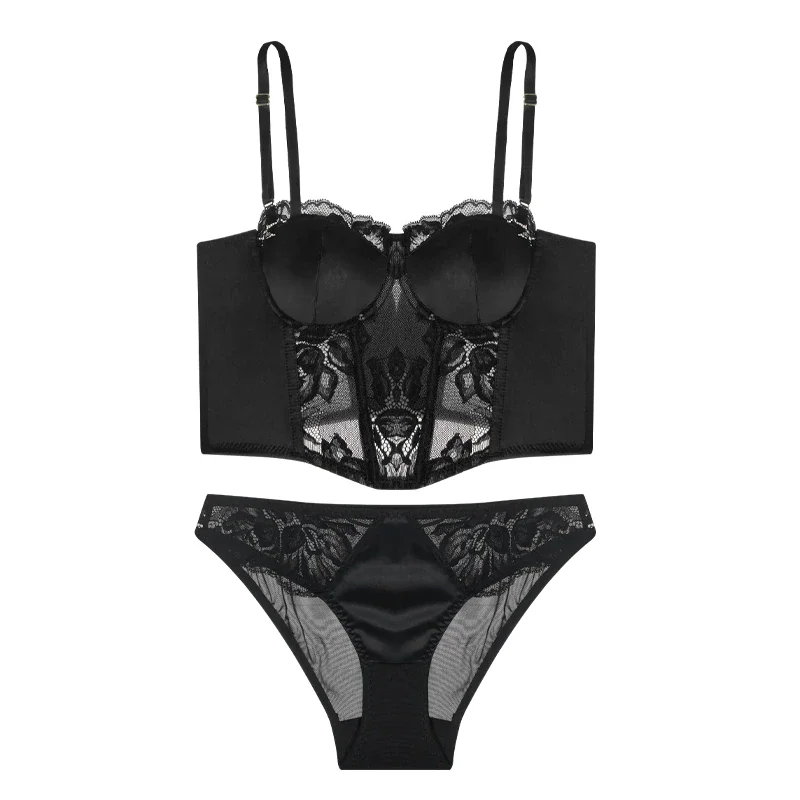 Billionm Sexy Silk Splicing Bra Set Women Lace Embroidery Steel Widen Shapewear French Black Underwear Convertible Straps Brassiere
