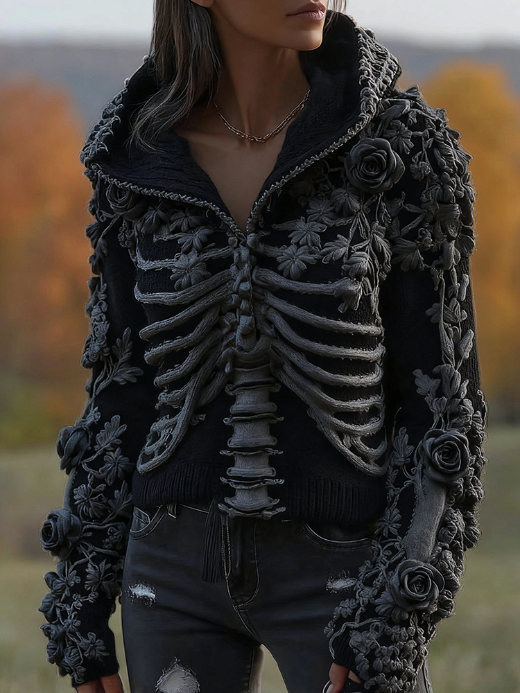 Women's  Halloween Skeleton Bones With Floral Art Knitted Warm Hooded Sweater wearshes