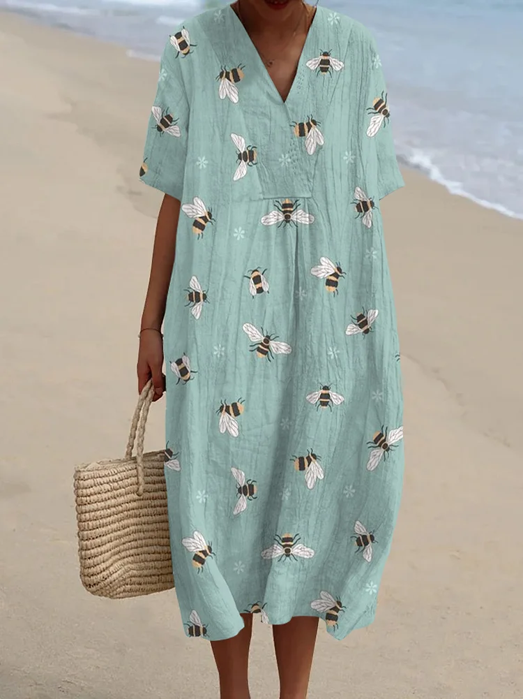 Farm Bee Floral Print V-neck Loose Midi Dress