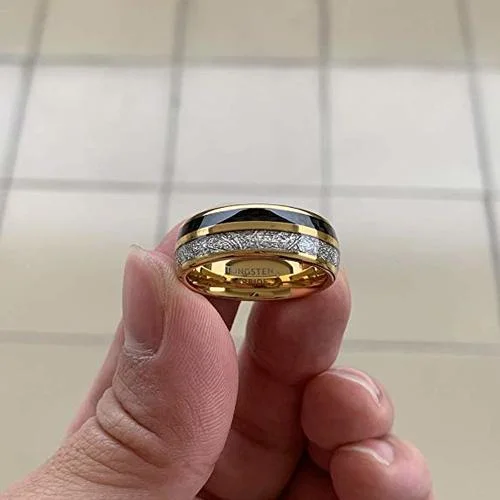 6MM 8MM Women's Or Men's Gold Tungsten Carbide Matching Rings with Black Carbon Fiber Inlay and Inspired Meteorite