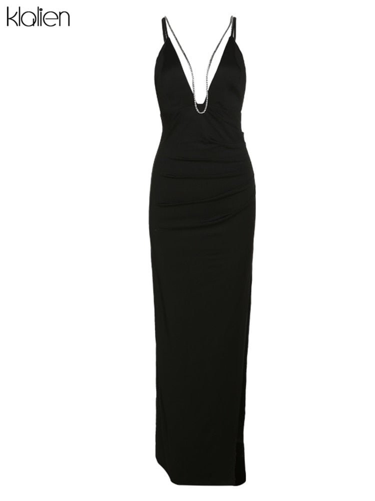 KLALIEN Fashion Elegant Sexy Hollow Out Bandage Backless Romantic Long Dress For Women 2022 New Slim Solid Black Maxi Dress Hot