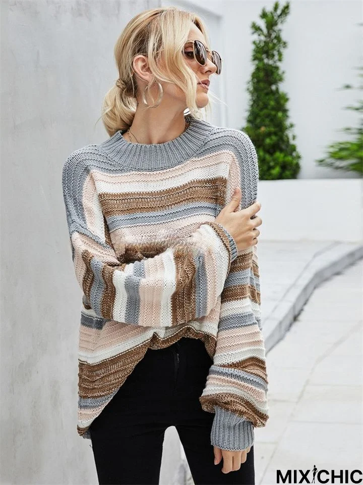 Women's Loose Round Neck Striped Knit Stitching Sweater