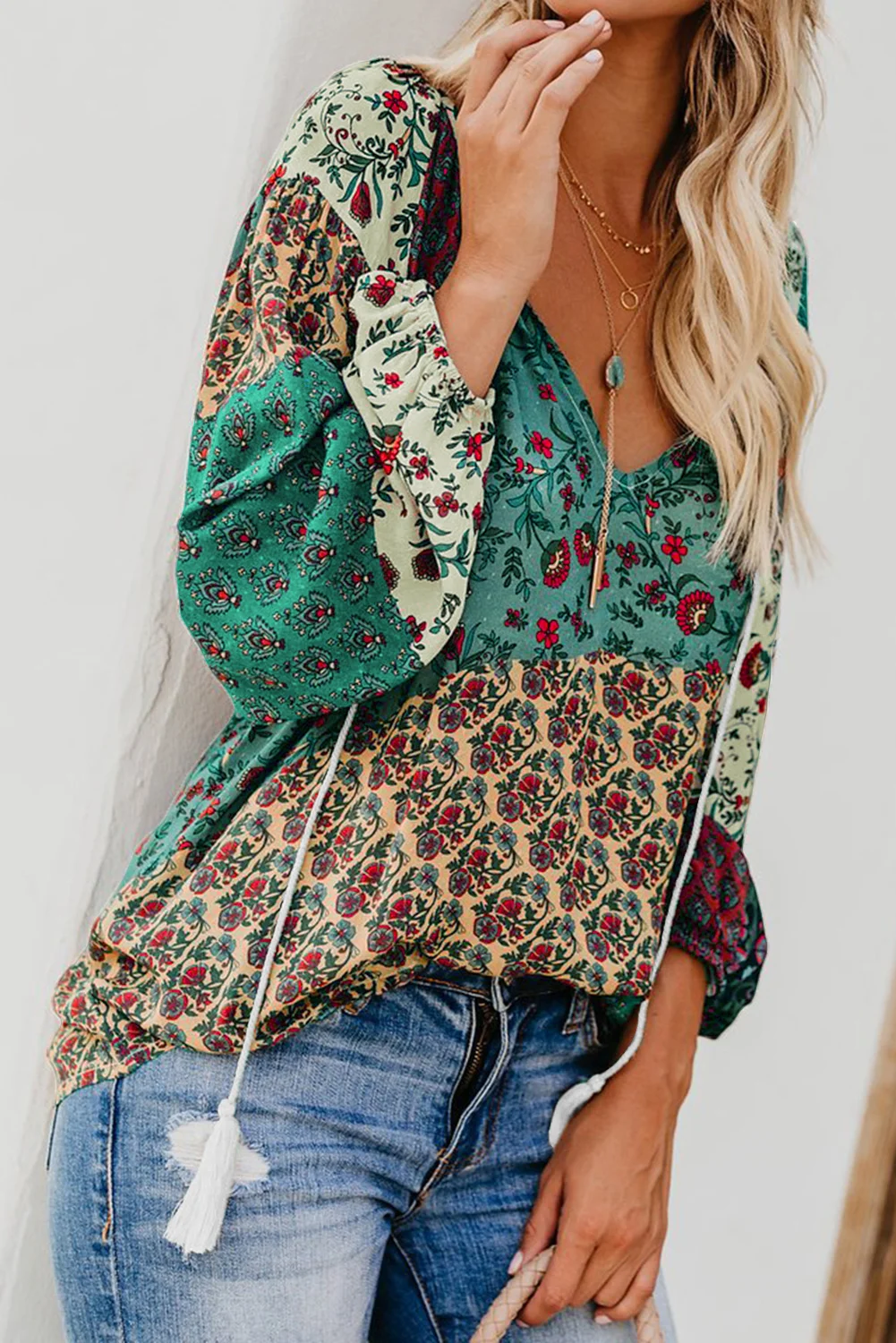 Green Floral Print Peasant Blouse | IFYHOME
