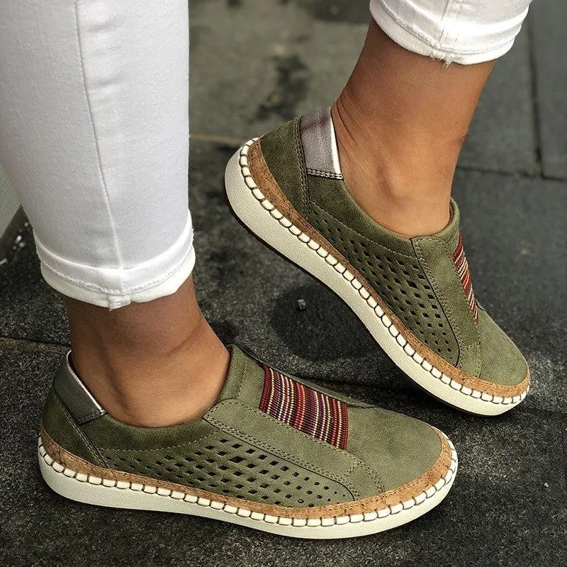 2019 Hollow Out Women Shoes Hand-stitched Striped Breathable Elastic Band Retro Casual Flat Suitable for Wide Leg Women Sneaker