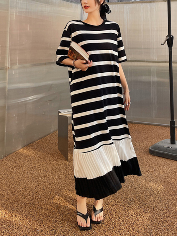 Colorblock Stripe Short Sleeve Round Neck Maxi Dress