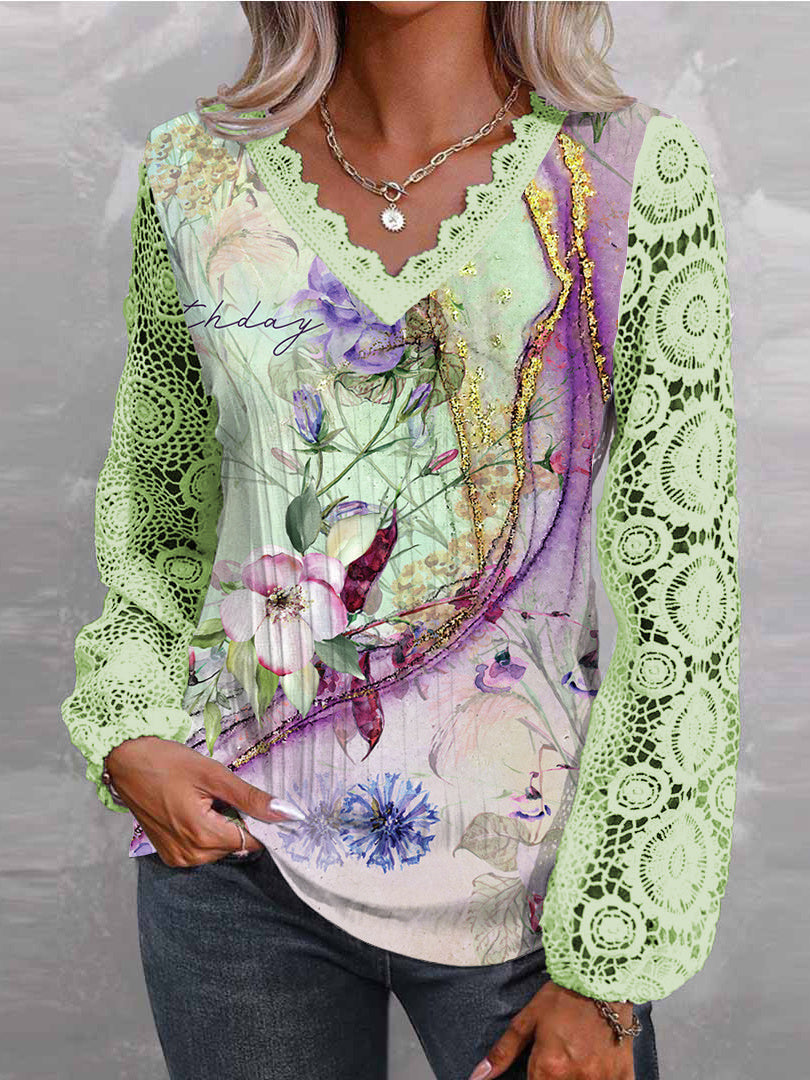 Women Long Sleeve V-neck Floral Printed Graphic Lace Tops