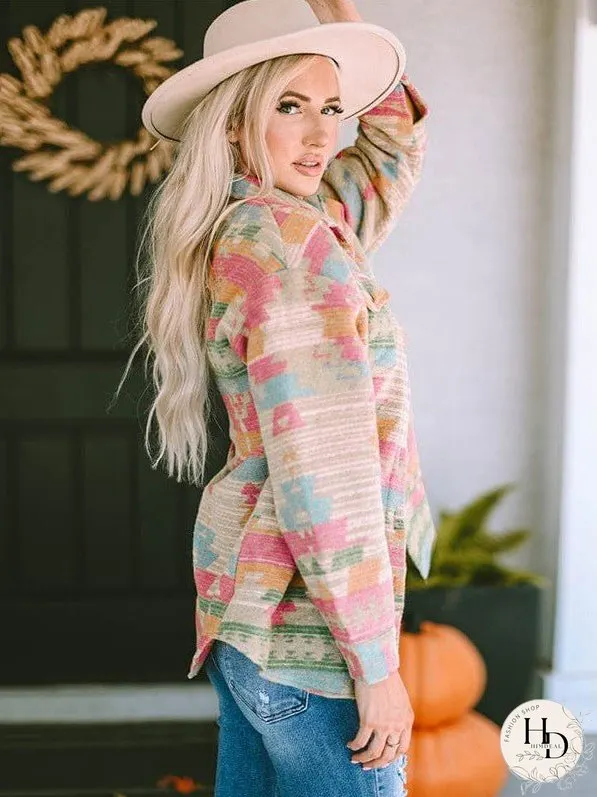 Women'S Western Printed Casual Jacket With Lapel Collar