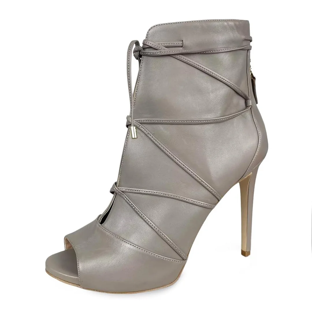 Gray Peep Toe Vegan Leather Back-Zip Stiletto Heel Ankle Boots
