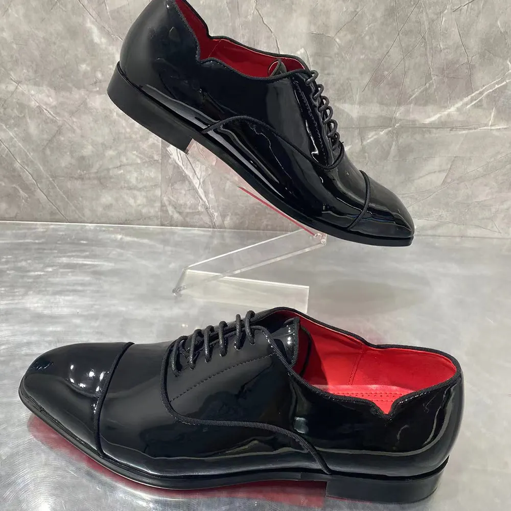 Gentleman's Lace-Up Prom Party Wedding Red Bottom Shoes in Patent Leather V-shaped Notches-vocosishoes