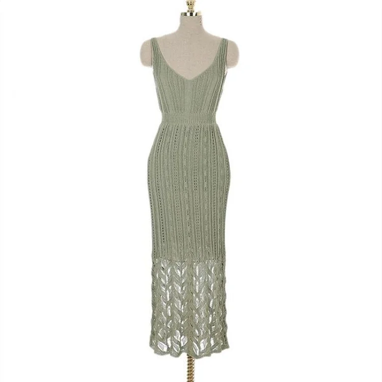 Sexy V-neck Low-cut Hollow Out Knit Sleeveless Dress