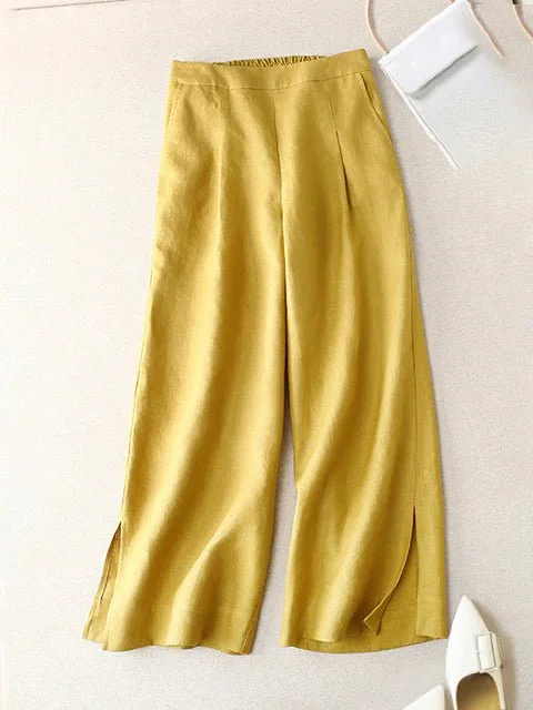 Loose Linen High Waist Solid Straight Trousers