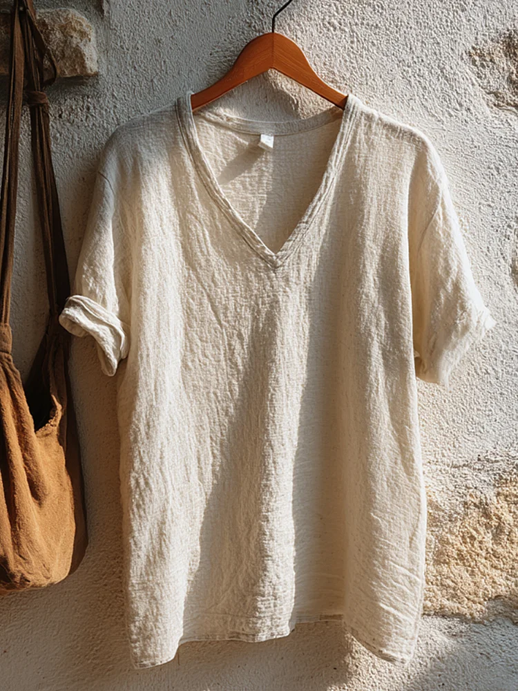 Women's Simple Solid Color Linen V-Neck Shirt