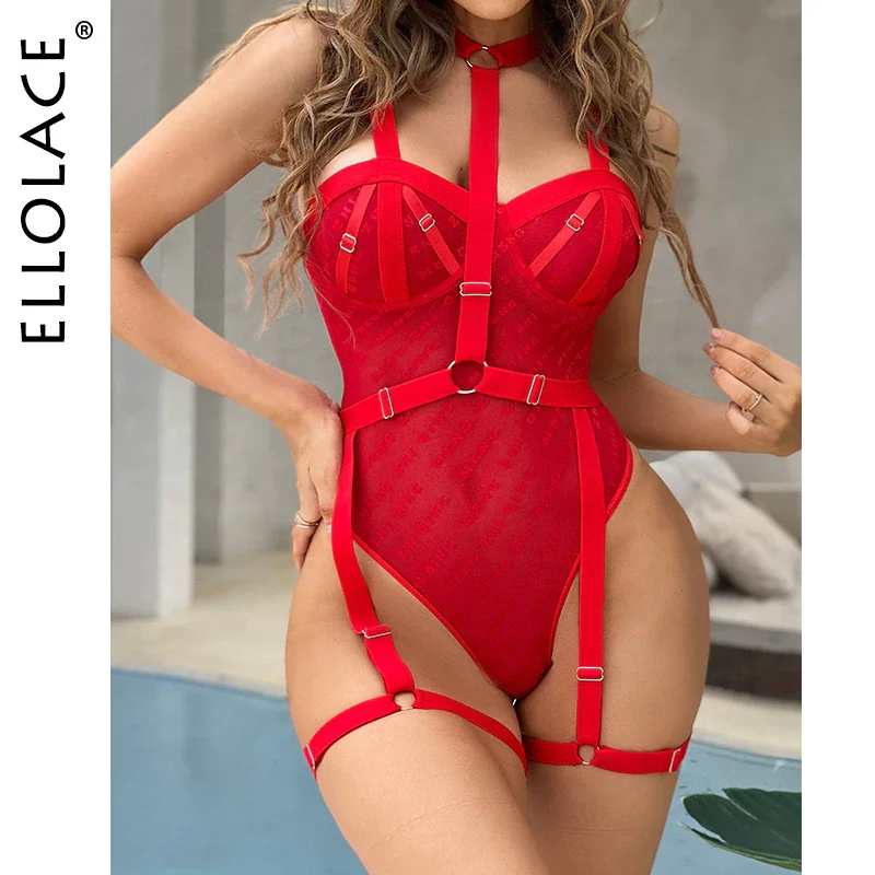 Billionm Ellolace Sensual Lingerie Bodysuit Woman Letter Print Lace Body Crotchless Halter Garters Erotic Costume Porn Sissy Teddy Bear