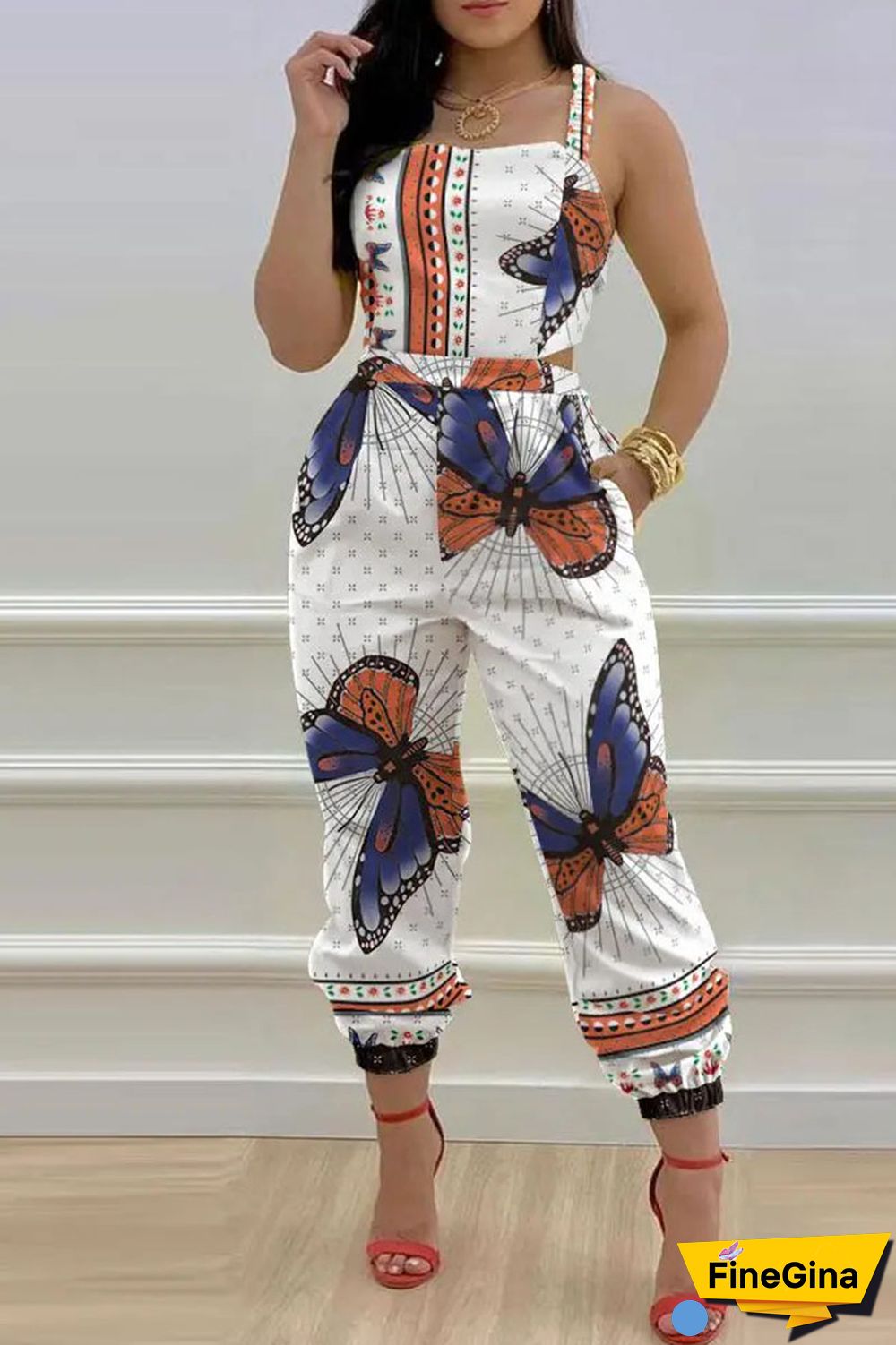 White Sexy Print Bandage Patchwork Backless Spaghetti Strap Regular Jumpsuits