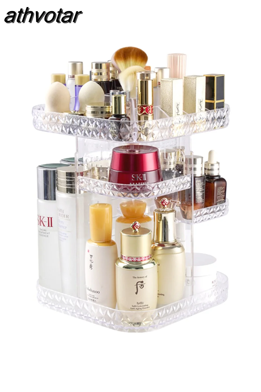 athvotar Degree Rotating Cosmetic Storage Box Make-up Organizer Lipstick Holder Transparent Crystal Display Stand Large Capacity