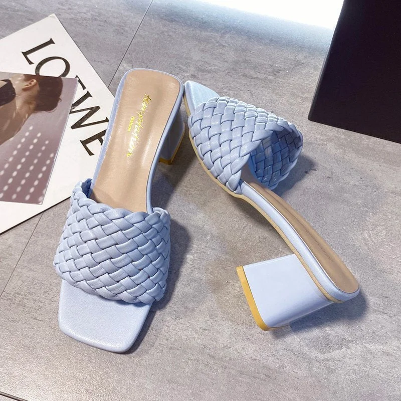Lucyever Summer Outdoor High Heel Slippers Women Fashion Thick Heels Weave Slides Woman Square Toe Open Toe Sexy High Heels