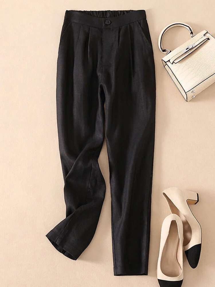 Solid Pocket Elastic Waist Casual Pants For Women