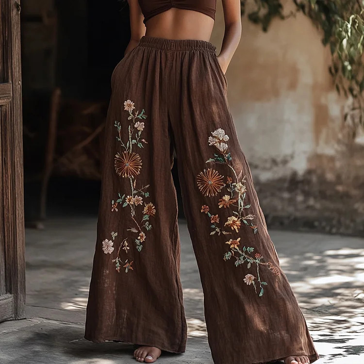 Women's Vintage Floral Embroidered Pattern Linen Blend Pants