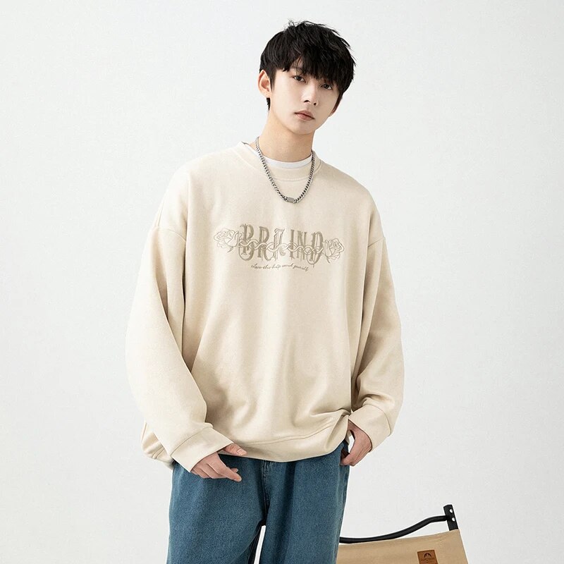 Gptsolvy men costumes Men Faux Suede Round Neck Sweatshirts Spring Autumn Long Sleeve T-shirt Embroider Baggy Hoodies FashionStreetwear Pullovers Tops