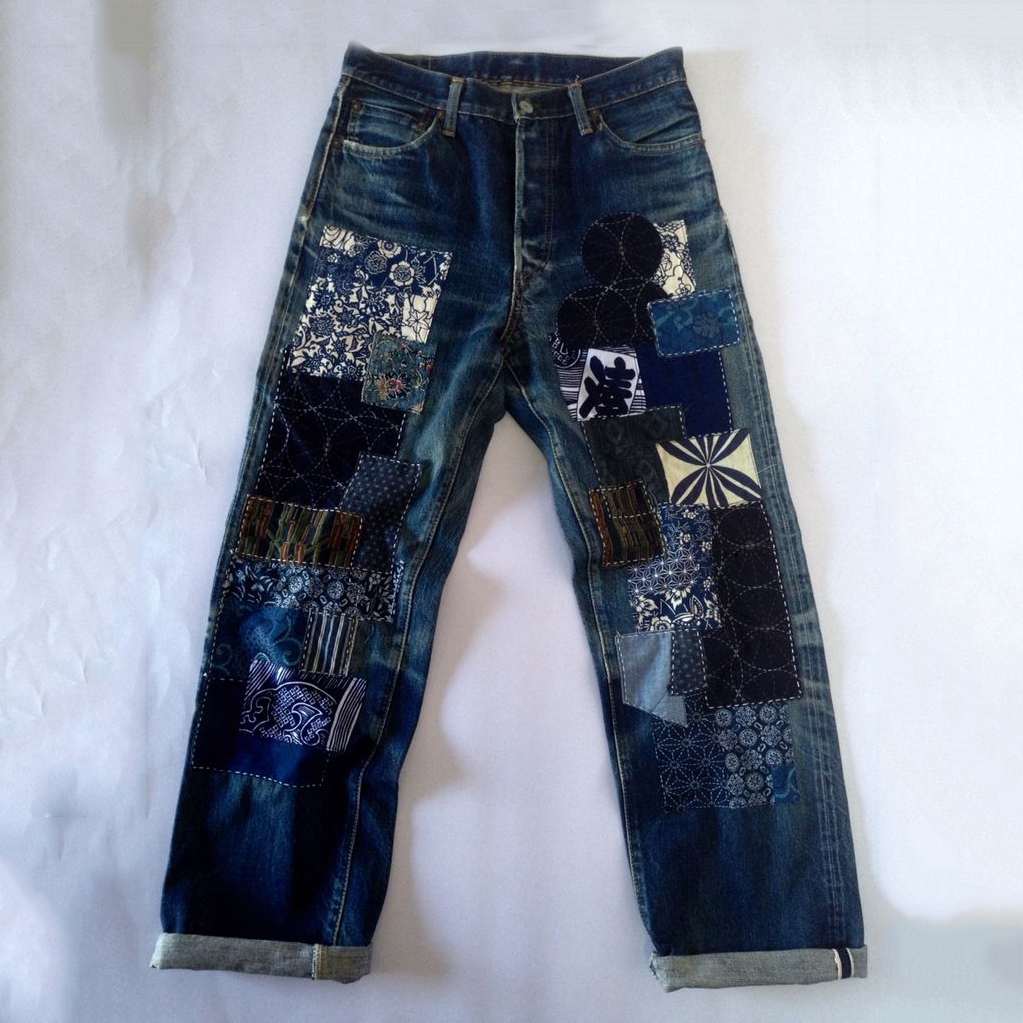 Comstylish Japanese Style Sashiko Patchwork Design Jeans