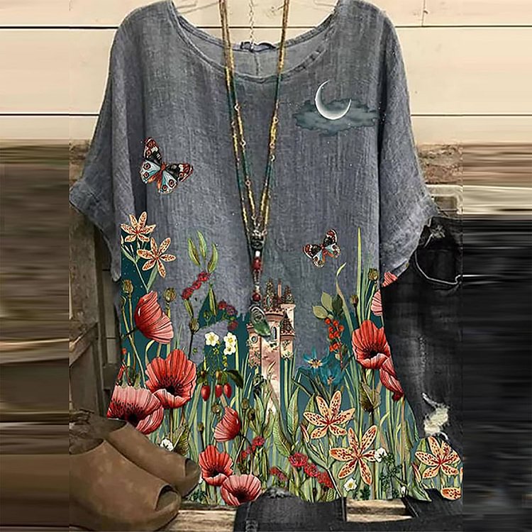 Loose Floral Butterfly Print Crew Neck T-Shirt