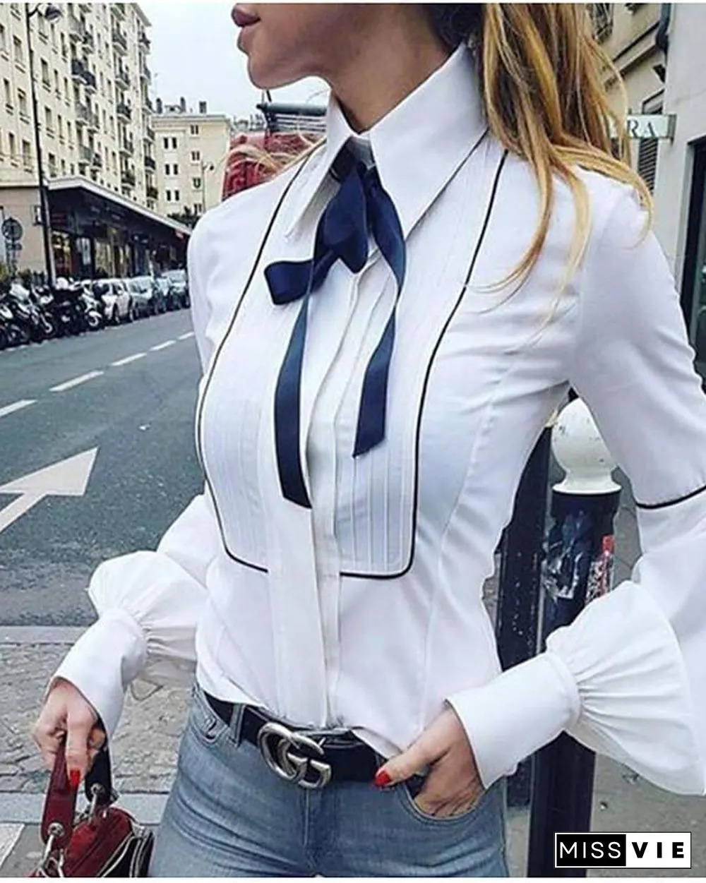 Womens Blouse Shirt Solid ColoredPlain Long Sleeve Pleated Fashion Bow Collar Tops Puff