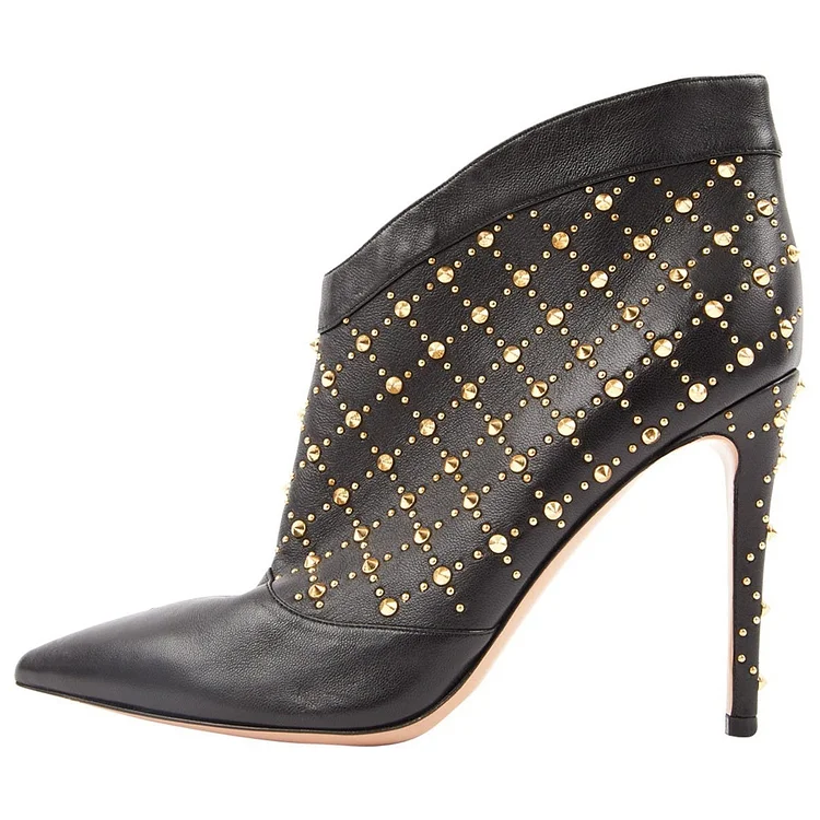 Black Gold Studs Stiletto Heel Ankle Boots |FSJ Shoes
