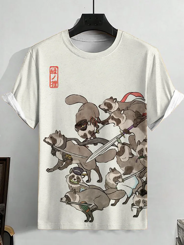 Men's Japanese Art Raccoon Warrior Print Casual T-Shirt