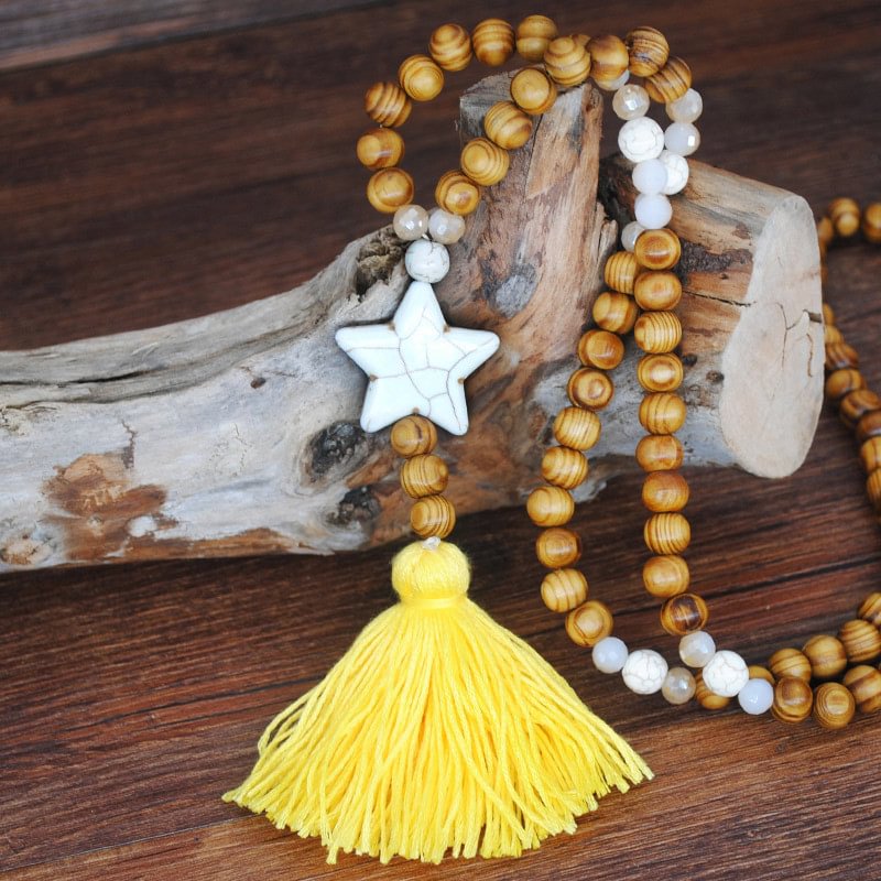 Wooden Beaded Tassel Necklace With Women's Handmade Bohemian Peace Symbol Pendant Chain