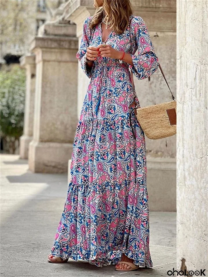 V-Neck Floral Printed Half Sleeve Long Dresses