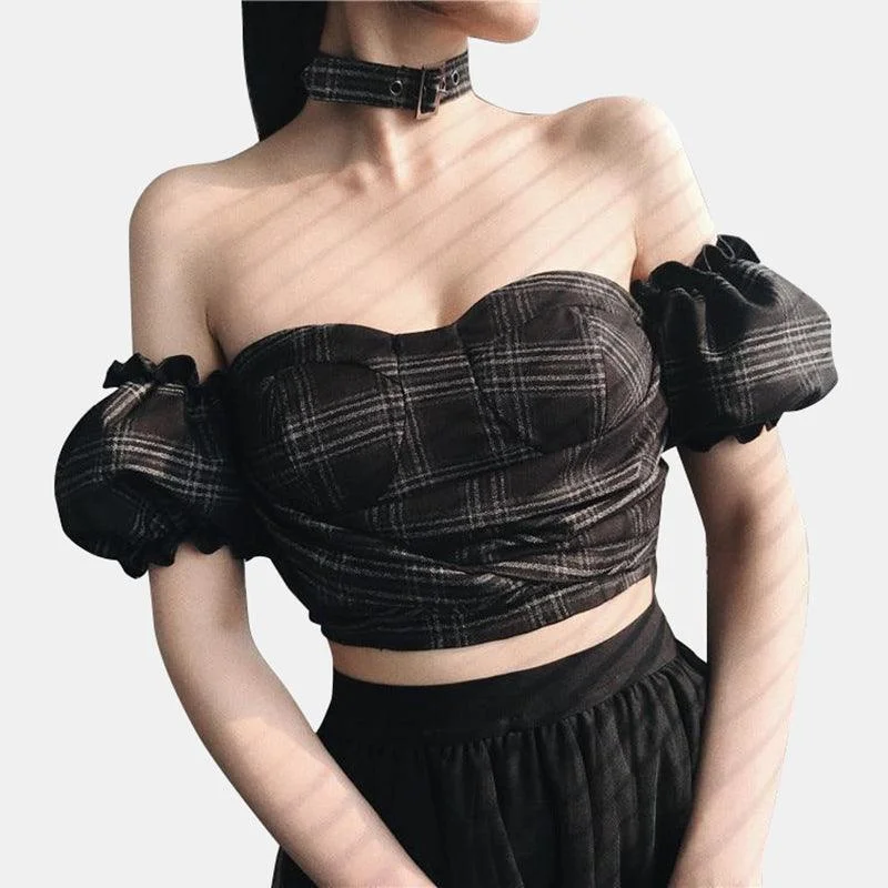 Puff Sleeve Plaid Tube Top with Choker