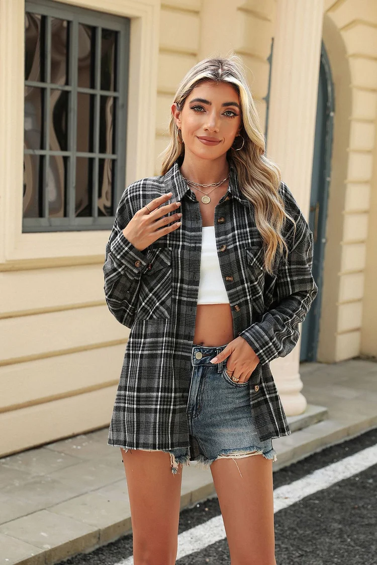 Women's Lpocket Loose Long Sleeve Plaid Shirt  Stunahome.com