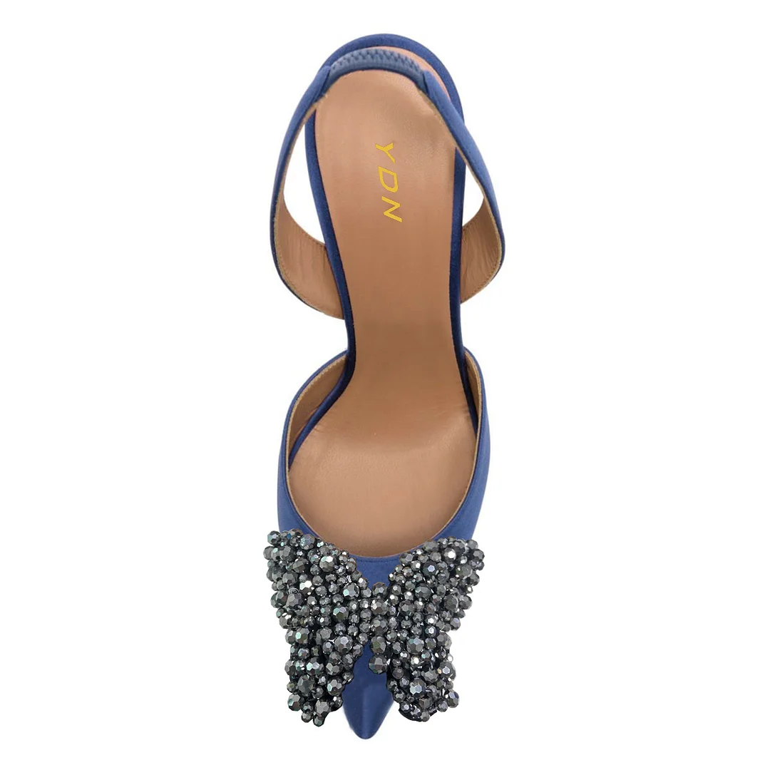 Blue Satin Pointed Beads Embellished Butterfly Inlay Slingback Pumps