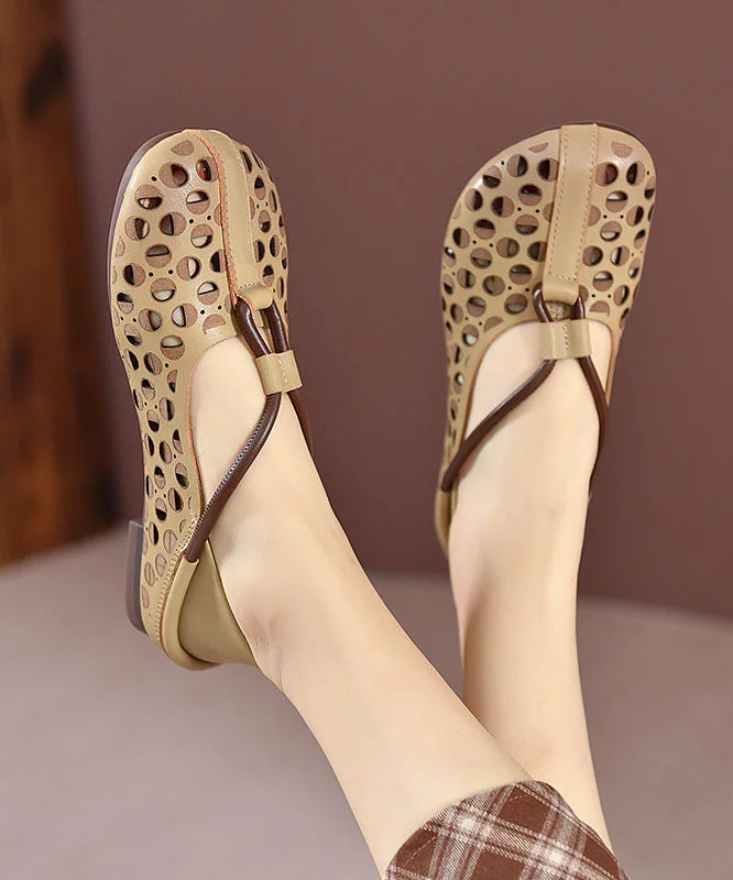 Beige Flat Feet Shoes Cowhide Leather Fashion Hollow Out Flat Feet Shoes