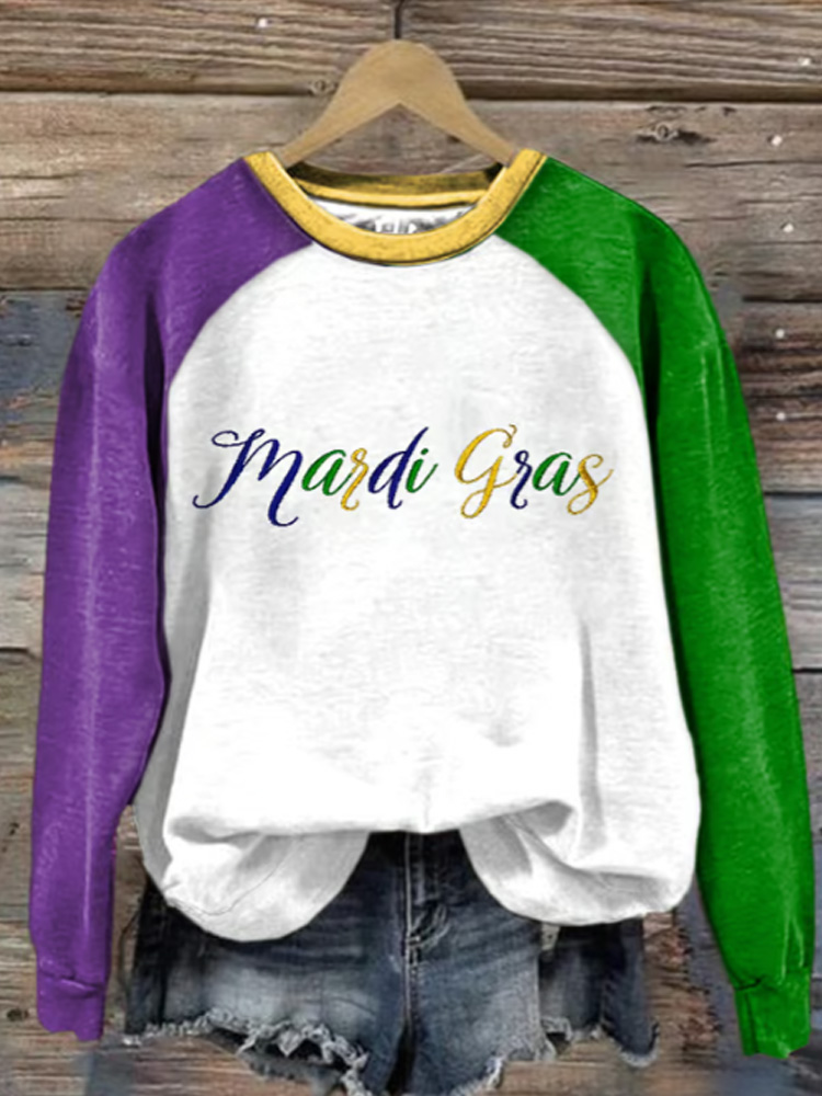 Comstylish Women's Retro Mardi Gras Print Raglan Sleeve Sweatshirt