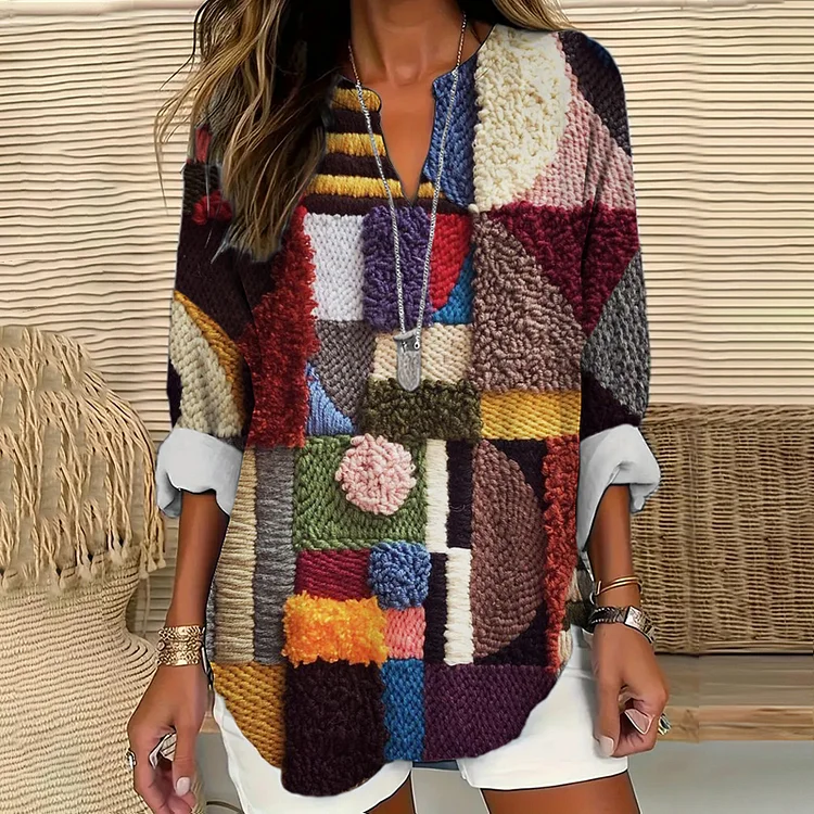 Lunivibe Plush Geometric Abstract Art Women's Linen V-neck Long Sleeve Shirt