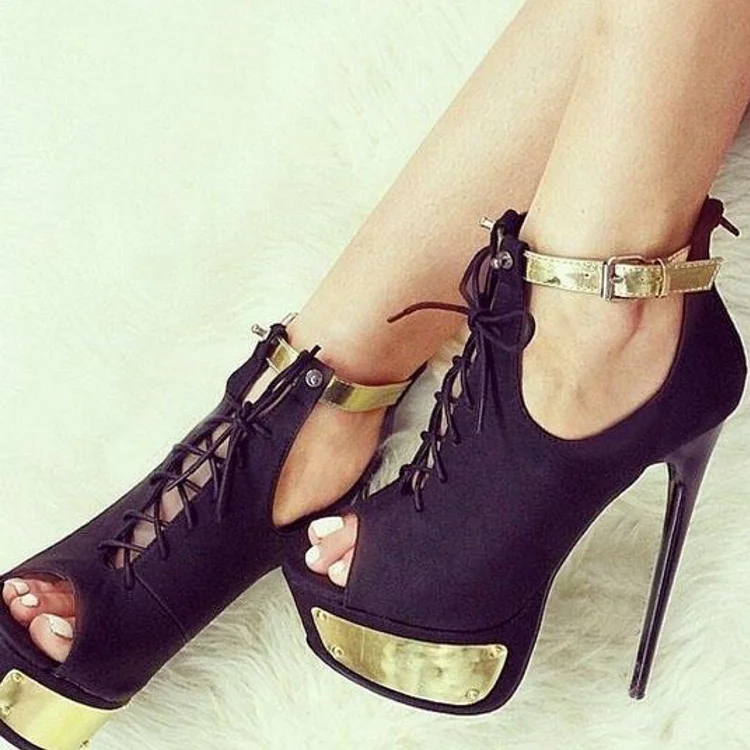 Black and Gold Lace-up Ankle Boots with Stiletto Heels and Ankle Straps Vdcoo