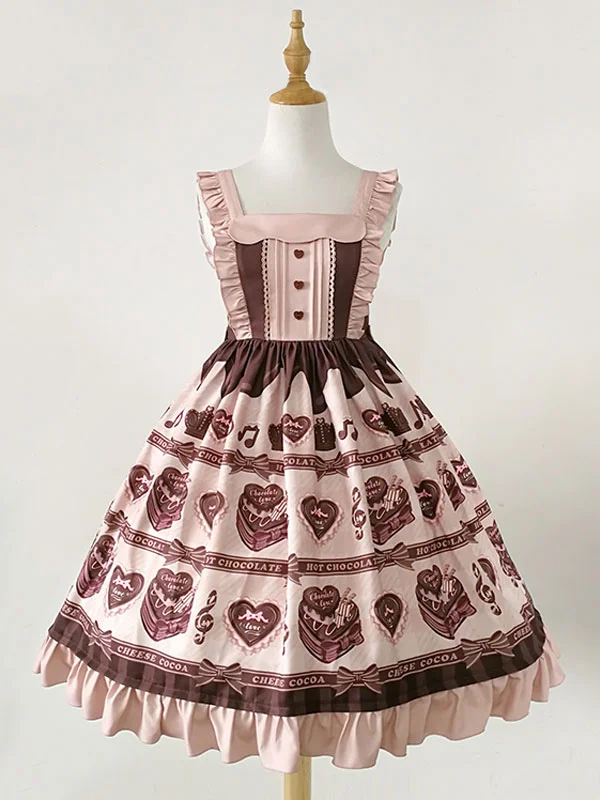 Pink Lolita JSK Dress Sleeveless Chocolate  Print Ruffled  Girls Dress Valentine's Day Gift Novameme