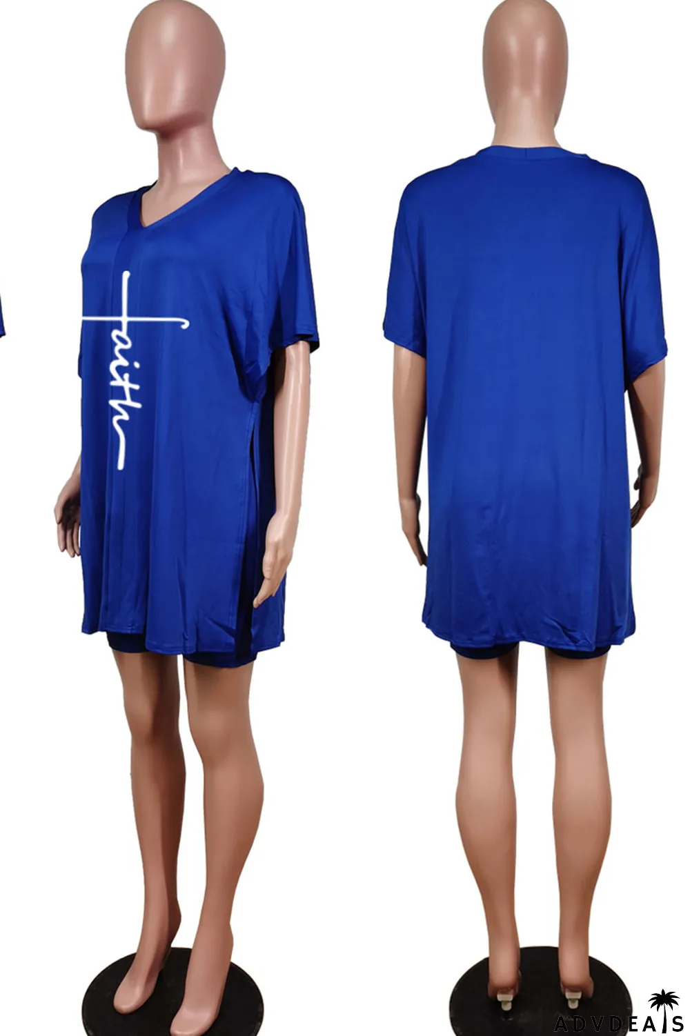 Tangerine Red Casual Print Split Joint V Neck Short Sleeve Two Pieces