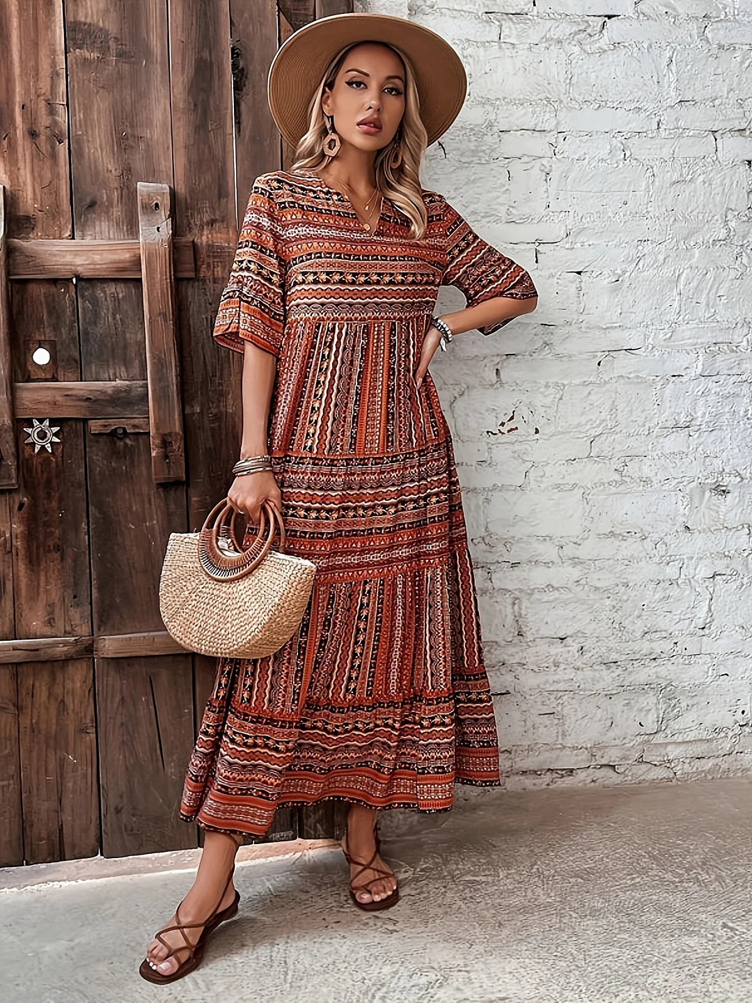 Holiday Layered All-Print Dress - Short Sleeve Flat Collar, Women's Stylish And Elegant Outfit | IFYHOME