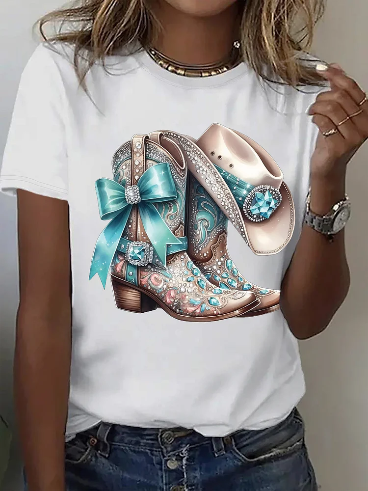 Women's White Western Cowboy Boot Graphic T-Shirt - Soft Round Neck Casual Top For Everyday & Party Outfits - Machine Washable Spring/Summer Tee For Women, Western T Shirts, Summer Clothing, Geometric Pattern Shirt, Comfortable Fabric
