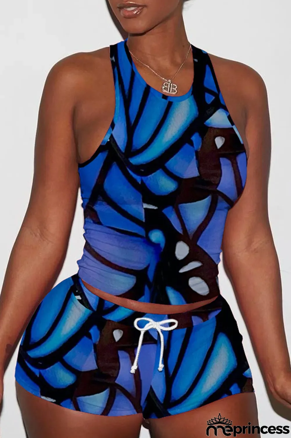 Royal Blue Fashion Casual Print Basic O Neck Sleeveless Two Pieces