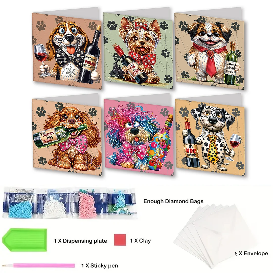 6Pcs Wine Dog DIY Diamond Painting Card for Friends Family Gift