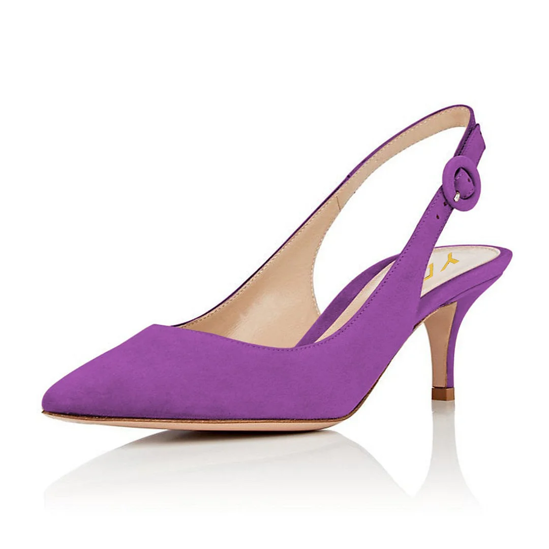 Purple Closed Pointed Toe Buckle Kitten Heel Pumps with Slingback