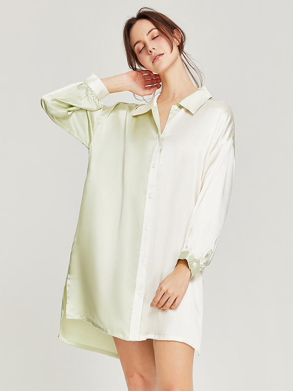 Light Green Loose Silk Nightgown With Long Sleeves