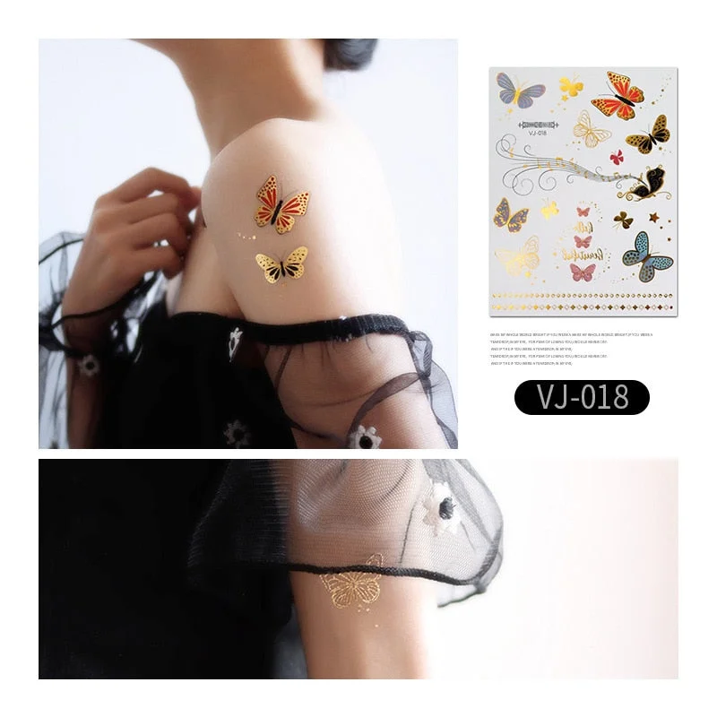 12 Kinds Bronzing Tattoo Butterfly Disposable Shiny Party Makeup Sticker Women Temporary Body Art Summer Waterproof